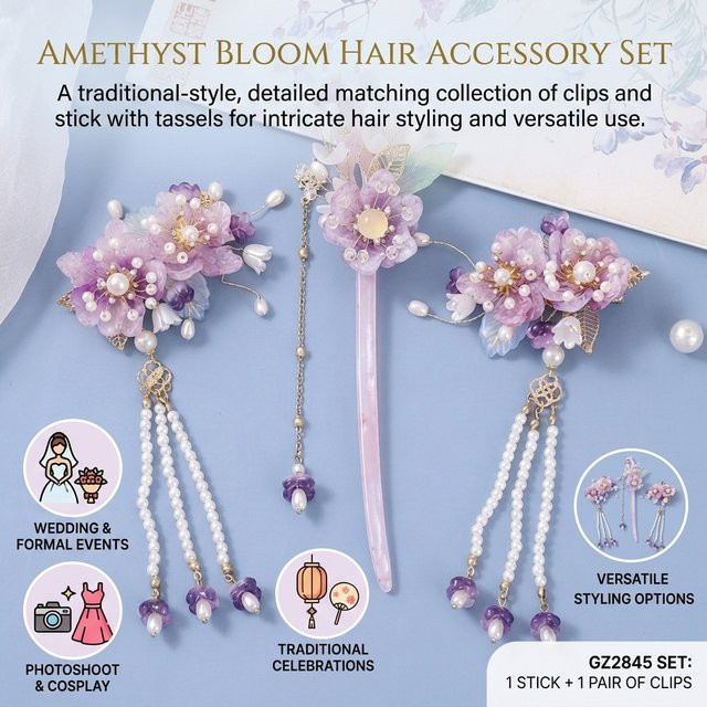 Haarnadel-Set Blumen-Quasten, Legierung, traditioneller chinesischer Stil - Bild 1