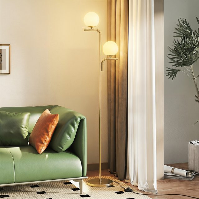 HOMCOM LED Stehlampe in Gold mit Glaskugelschirmen, dimmbar mit 3 Farbtemperaturen und Fußschalter, moderne Stehleuchte für Wohnzimmer, Schlafzimmer oder Büro - Bild 1