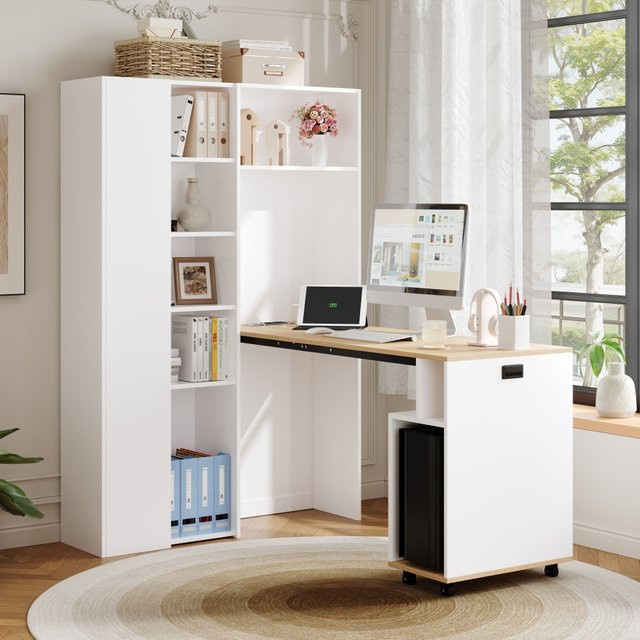 PINGGO 2-in-1 Eckschreibtisch mit Bücherregal und Steckdose sowie USB-Anschluss, klappbar und verstellbar, Weiß - Bild 1