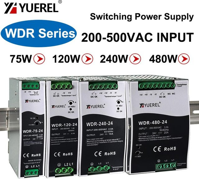 YUEREL Industrielles DIN-Schienen-Schaltnetzteil mit Einzelausgang, 380V AC Eingang, wählbar zwischen 75W, 120W, 150W, 240W oder 480W, 12V, 24V oder 48V Ausgang - Bild 1