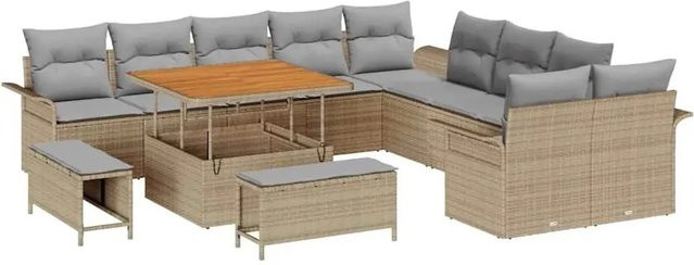 vidaXL Garten-Sofa-Set 13-teilig aus Poly-Rattan und Akazienholz in Beige mit Polstern und Tisch - Bild 1