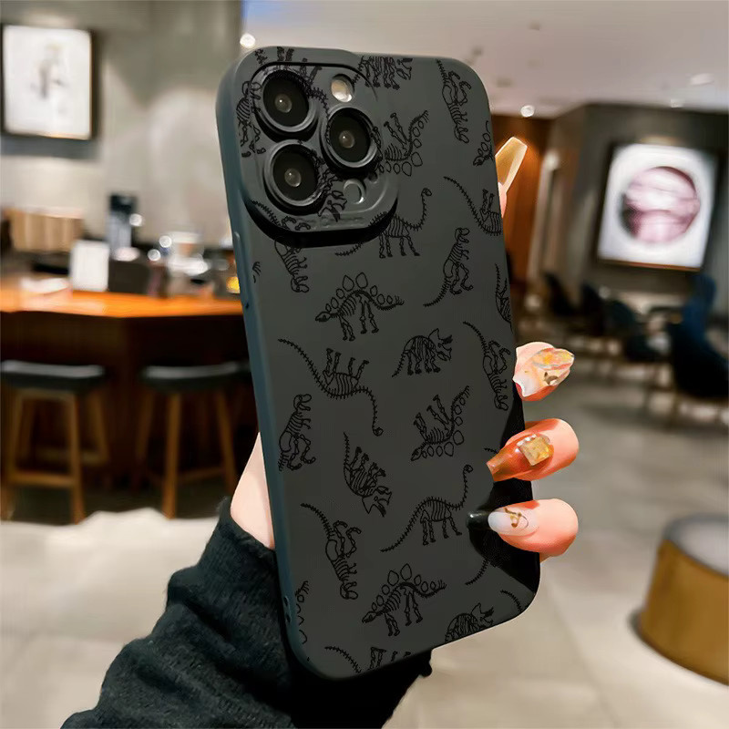 Schwarze Handyhülle mit Dinosaurier-Fossil-Print für iPhone 11 bis iPhone 17 Pro Max und weitere Modelle - Bild 3