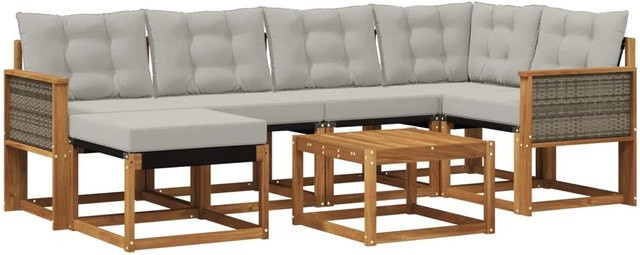 vidaXL Outdoor-Sofagarnitur aus Akazienholz und Textilene mit 7 Kissen in Natur und Hellgrau - Bild 1