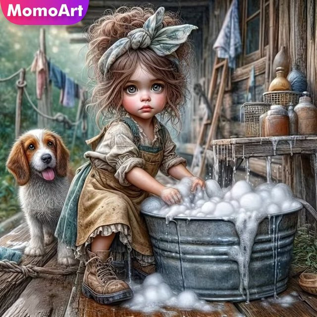 Momoart 5D DIY Diamantmalerei Mädchenporträt und Tier-Illustration als Rundes Mosaik-Set in Mehrfarbig - Bild 1