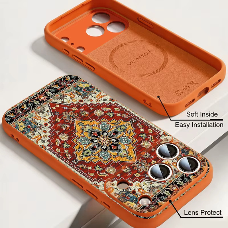 Magnetische Flüssigsilikonhülle für Apple iPhone 17 Pro, 16, 15, 14, 13 Pro Max mit MagSafe Kompatibilität, Vintage Ethno-Blumenmuster, Multicolor Orange - Bild 1