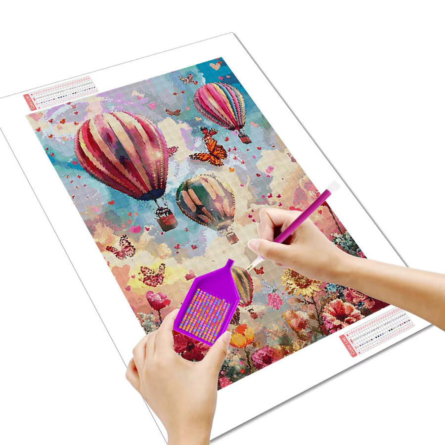 Huacan Diamant-Gemälde Heißluftballon und Blumen als Landschafts-Mosaik in Mehrfarbig mit runden Steinen - Bild 2
