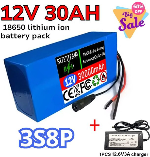 SUYIJIA 12V 30000 mAh Li-Ionen Akku 18650 mit BMS und Ladegerät, Blau - Bild 1