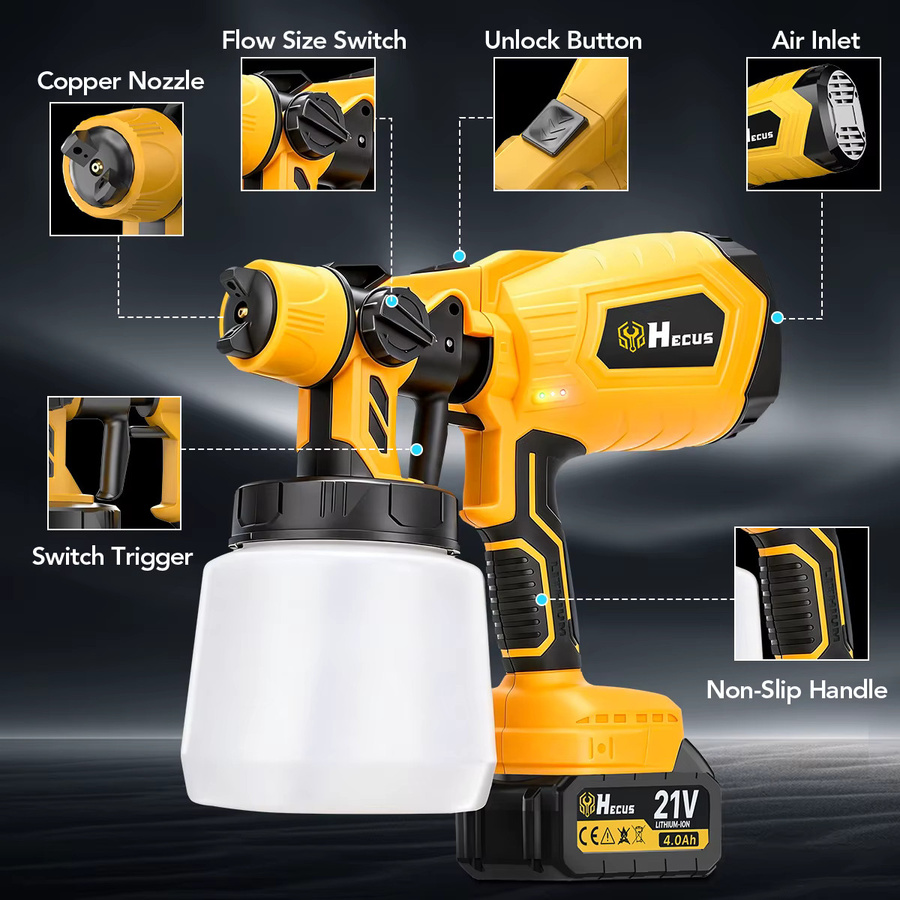 Hecus Elektrische HVLP Farbspritzpistole Kabellos für Makita 18V Akku, Gelb, 1000 ml - Bild 6
