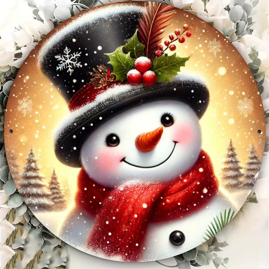 Potdemiel Rustikales Weihnachts-Schneemann-Kranzschild aus Eisen in Rot und Mehrfarbig mit Zylinder und burgunderfarbenem Schal, Durchmesser: 20 cm - Bild 3