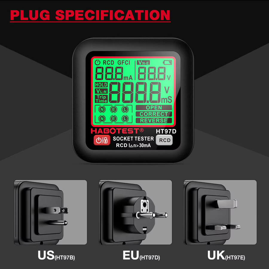 HABOTEST Ht97 Socket Tester Pro Digitaler Spannungsprüfer mit LCD-Display für US, UK und EU Steckdosen zur Prüfung von Erdung, Nullleiter und Polarität - Bild 4