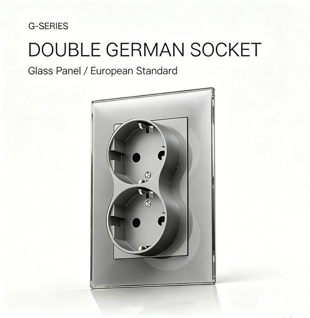UBARO EU-Doppelsteckdose aus gehärtetem Glas in Transparent, 16A mit Kindersicherung und Eisen-Montagerahmen, B: 12,1 cm, H: 8,2 cm - Bild 1