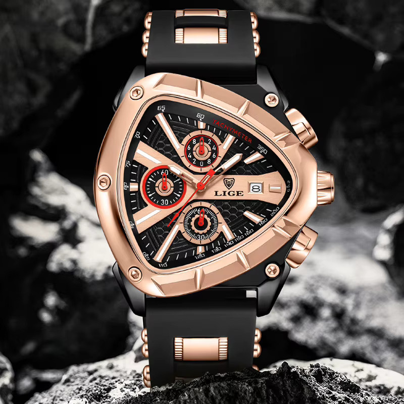 LIGE Chronograph, Quarz, Tonneau, Schwarz, Silikon, Herren - Bild 4