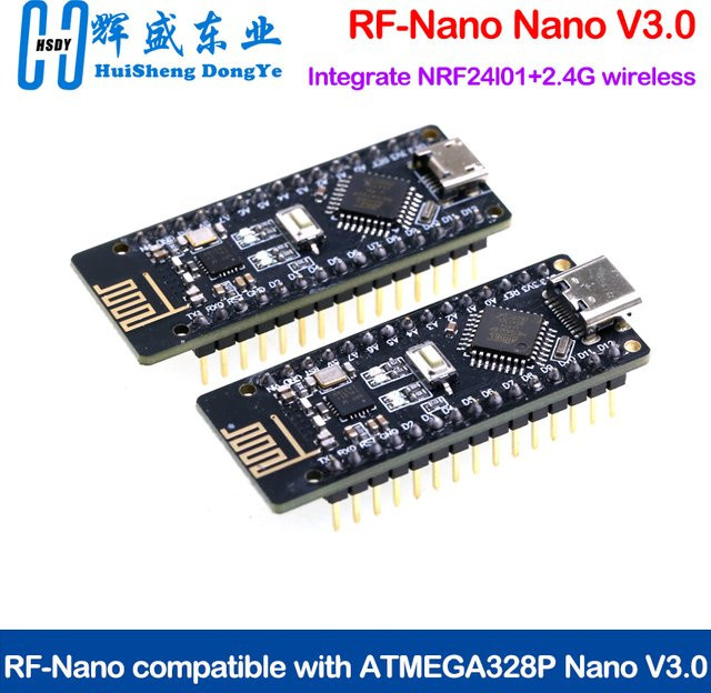 HUISHENGYUFA RF-Nano V3.0 Entwicklungsboard mit ATmega328P, NRF24L01 2,4G Wireless und CH340, USB-C und Micro USB, Schwarz - Bild 1