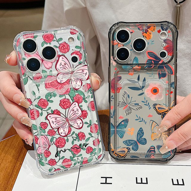 YISHANGOU Handyhülle mit Kartenfach und Schmetterlings- sowie Blumenmuster für iPhone 17 16 Pro Max 15 14 13 Pro Max, transparente TPU-Silikonhülle in Multicolour - Bild 1
