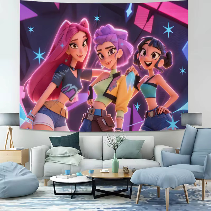 Hasbro Kpop Girl Group Wandteppich im Neon-Stil, Mehrfarbiger Wandbehang als ästhetische Raumdekoration, Breite: 150 cm, Höhe: 100 cm - Bild 2