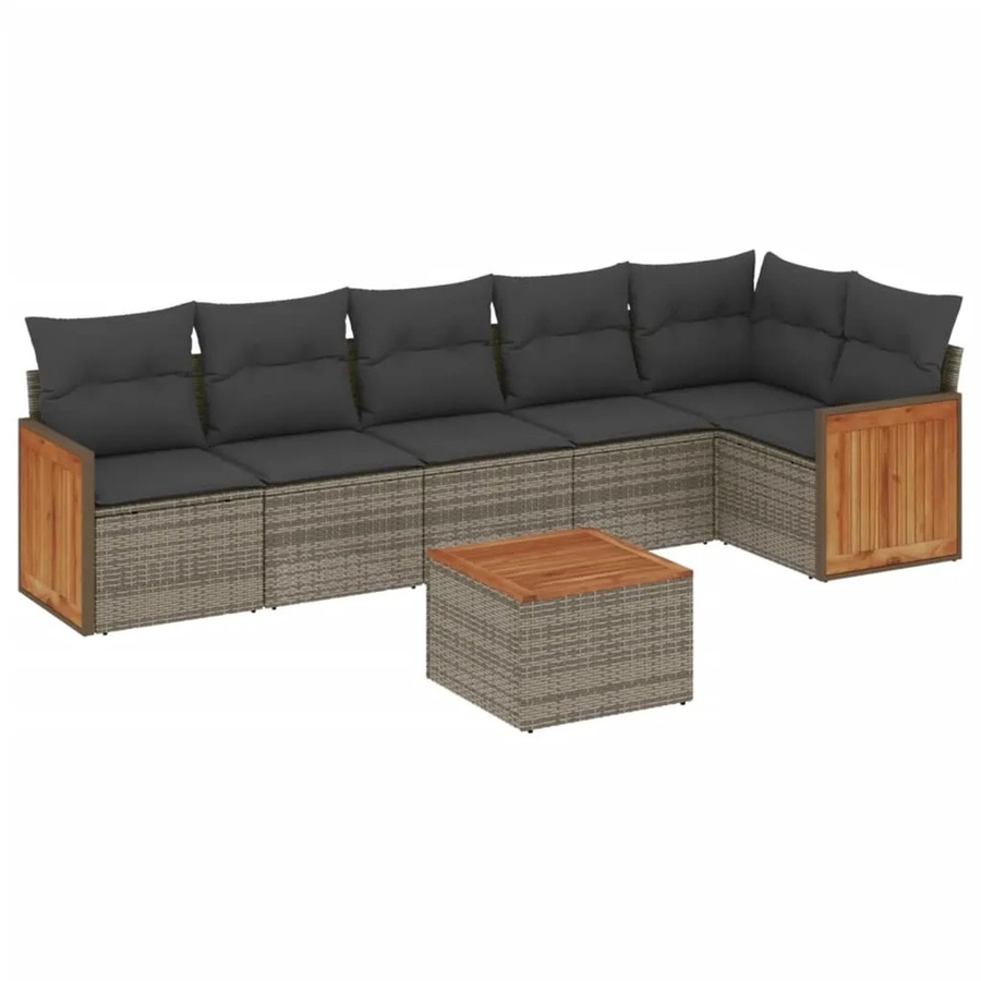 vidaXL 7-tlg Garten-Sofagarnitur aus Poly Rattan in Grau mit Kissen und Akazienholz-Elementen - Bild 2