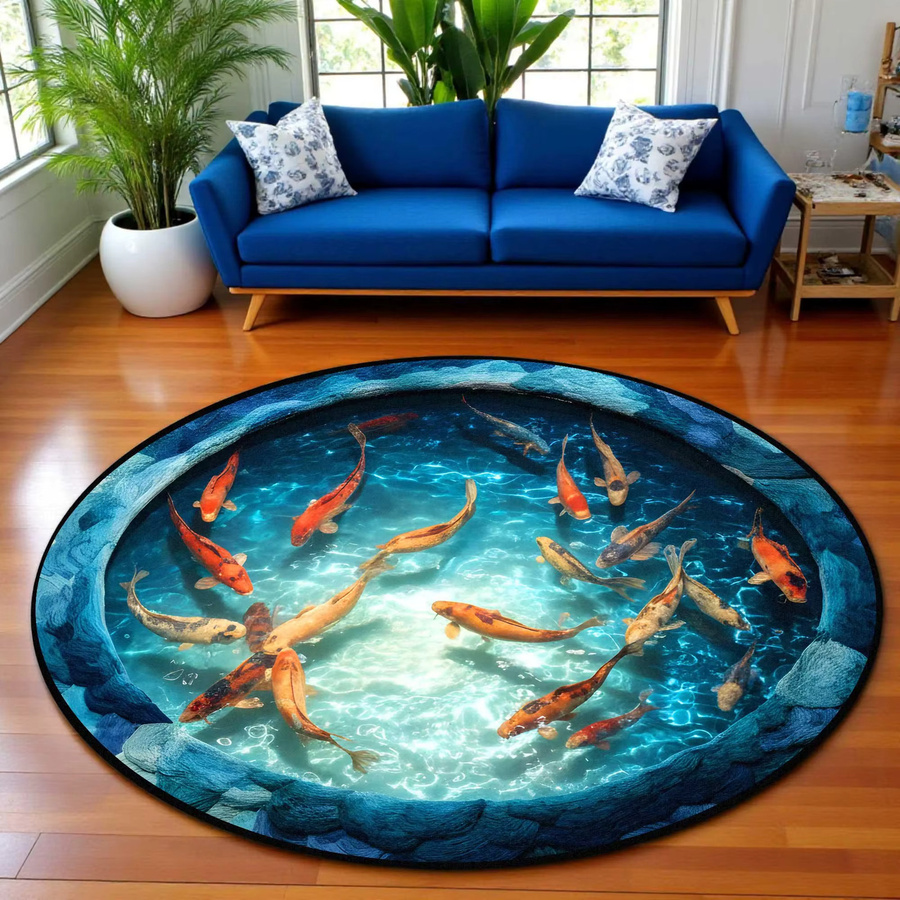 Runder Teppich mit Fisch 3D-Illusionseffekt und rutschfester Bodenmatte in Multicolour für Wohnzimmer, Schlafzimmer oder Badezimmer - Bild 3
