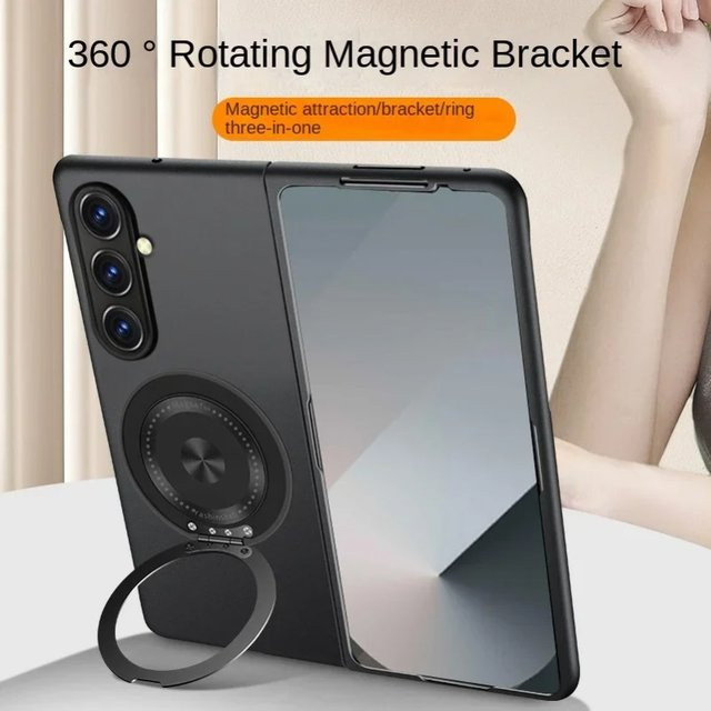 Busine Magnetische Stoßfeste Schutzhülle für Samsung Galaxy Z Fold 8 7 6 5 4 3 mit Drehbaren Metallhalter und Befestigungsring in Schwarz - Bild 1