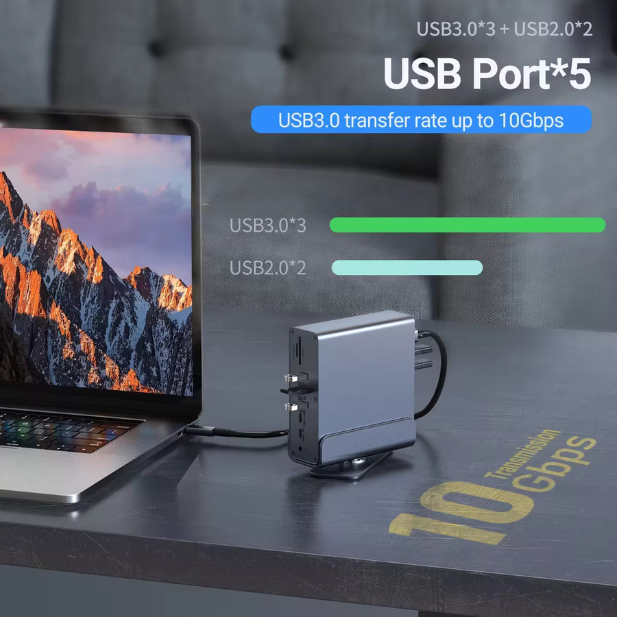 KEBIDU 15-in-1 USB-C Dockingstation in Grau mit 4K@60Hz HDMI, USB-A, RJ45, SD/TF und 3,5mm Audio Anschlussadapter für Laptop und PC - Bild 2