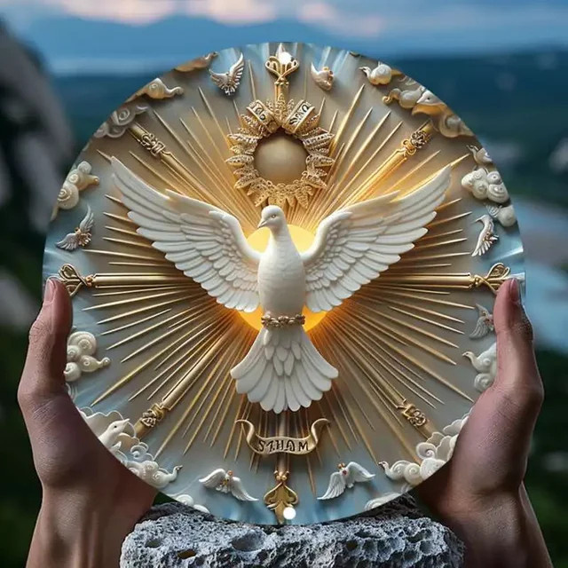 HELLOYOUNG Christ the Spirit Dove Wandkunst aus Aluminium mit 3D-Reliefeffekt, weißes Metall-Wandlogo in runder Form, B/H: 20,3 x 20,3 cm - Bild 1