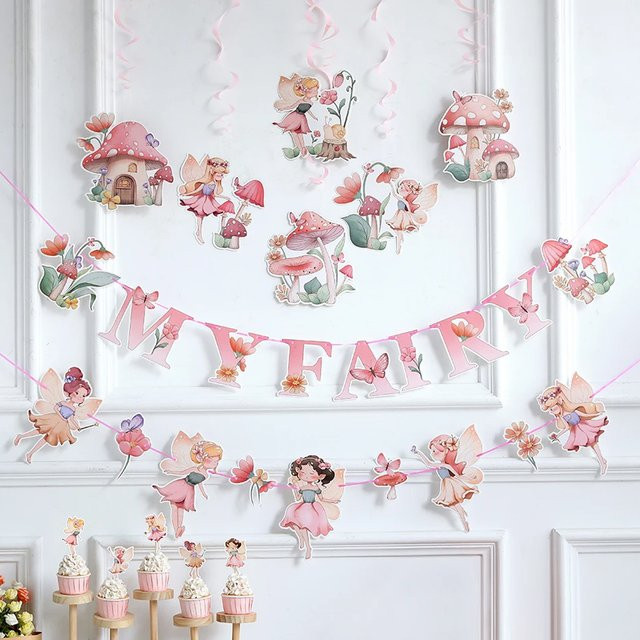 Cakedeco Party-Girlande mit Blumen, Schmetterlingen und Feen in Rosa für Kindergeburtstage und Babypartys - Bild 1