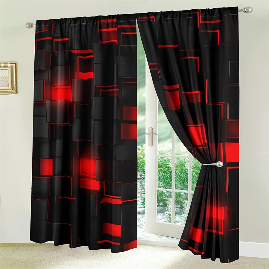 2er-Set Vorhänge mit kariertem Muster in Schwarz und Rot, halbtransparent mit Stangentaschen für Wohnzimmer und Schlafzimmer, B: 210 cm, H: 230 cm - Bild 3