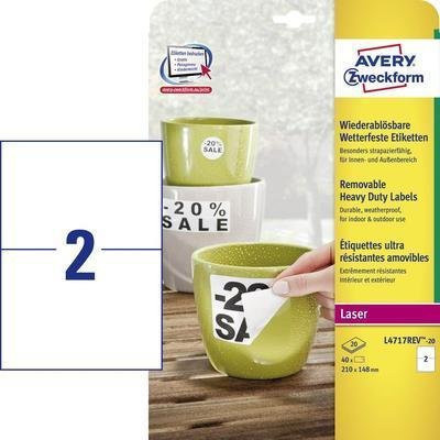 Avery Zweckform L4717REV-20 Folien-Etiketten Weiß, 40 Stück, Polyester, wasserfest, wiederablösbar, für Laserdrucker, A5 Format - Bild 2