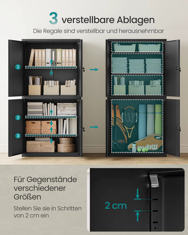 SONGMICS Aktenschrank als Mehrzweckschrank in Mattschwarz mit 4 Türen, 5 Ebenen und 2 Schlössern, B/T/H: 80 x 40 x 180 cm - Bild 4
