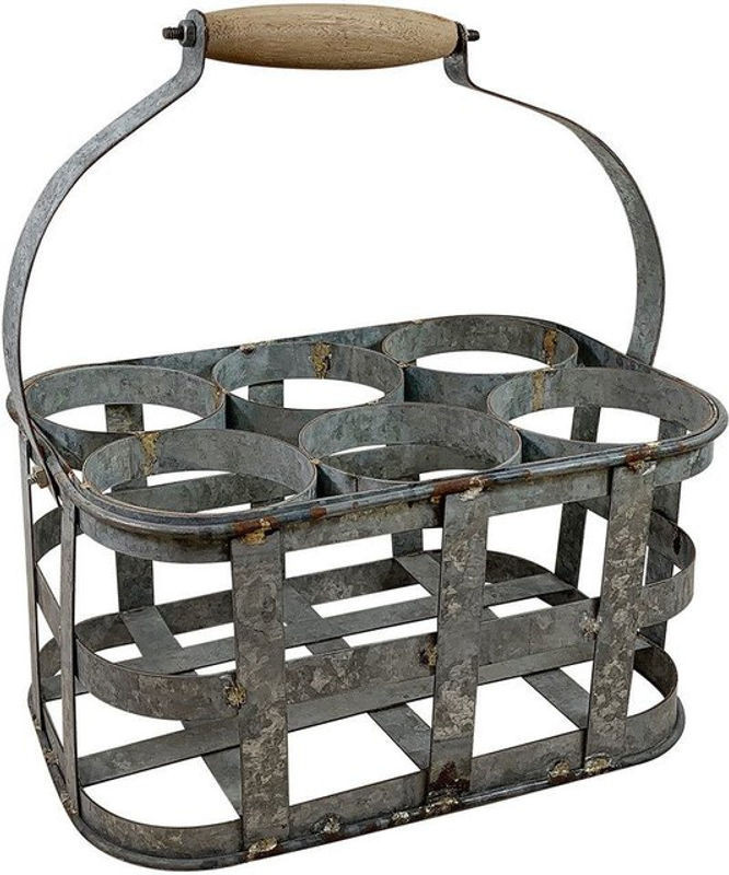 Flaschenkorb aus Metall und Holz im Vintage-Stil, Flaschenträger für 6 Flaschen in Grau, Rechteckig - Bild 1
