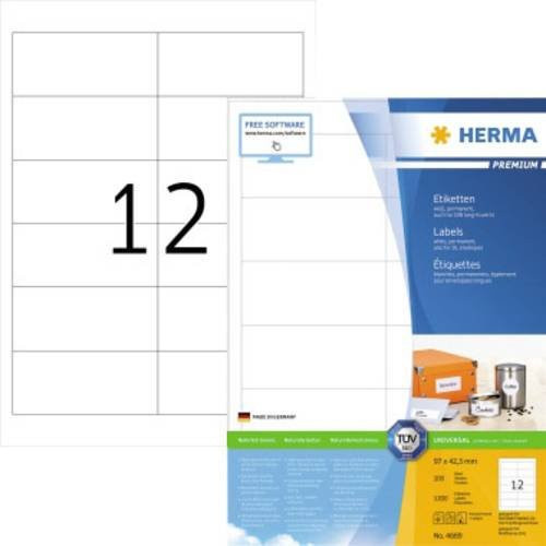 Herma Universal-Etiketten Premium Weiß, 1200 Stück auf 100 DIN A4 Blättern, B: 97 mm, H: 42,3 mm - Bild 1