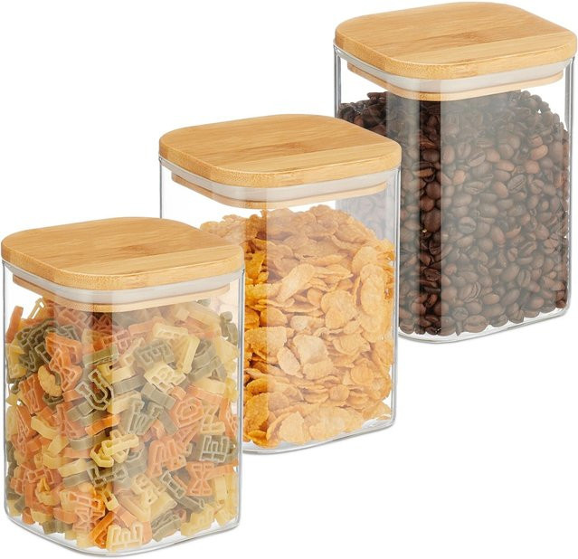 Relaxdays Vorratsgläser 3er Set aus Glas mit Bambusdeckel und Silikonring, transparent, B/T/H: 13,5 x 10 x 10 cm, 900 ml - Bild 1