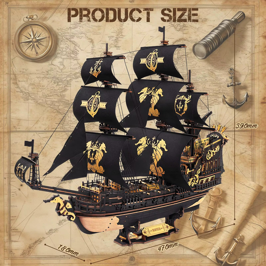 ROBOTIME The Seahorse Barque, 3D-Holzpuzzle, Schiffsmodellbausatz - Bild 3