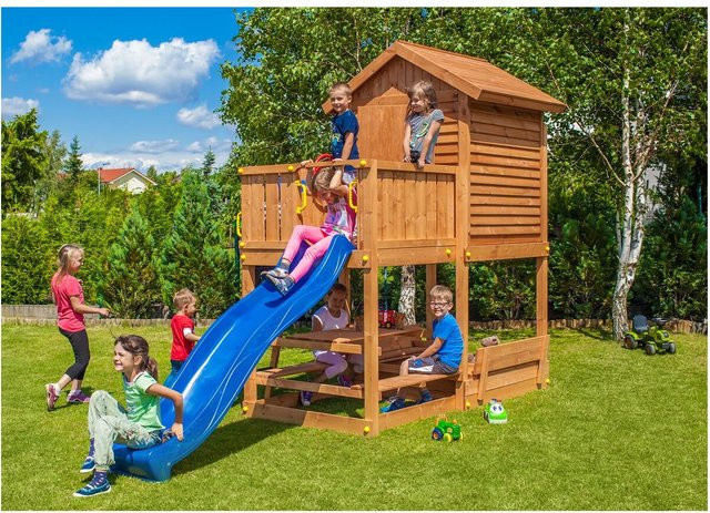 Fungoo Spielturm My House Free Time Beach aus Teakholz mit Picknicktisch, Sandkastenabdeckung und Rutsche sowie Holzdach - Bild 5
