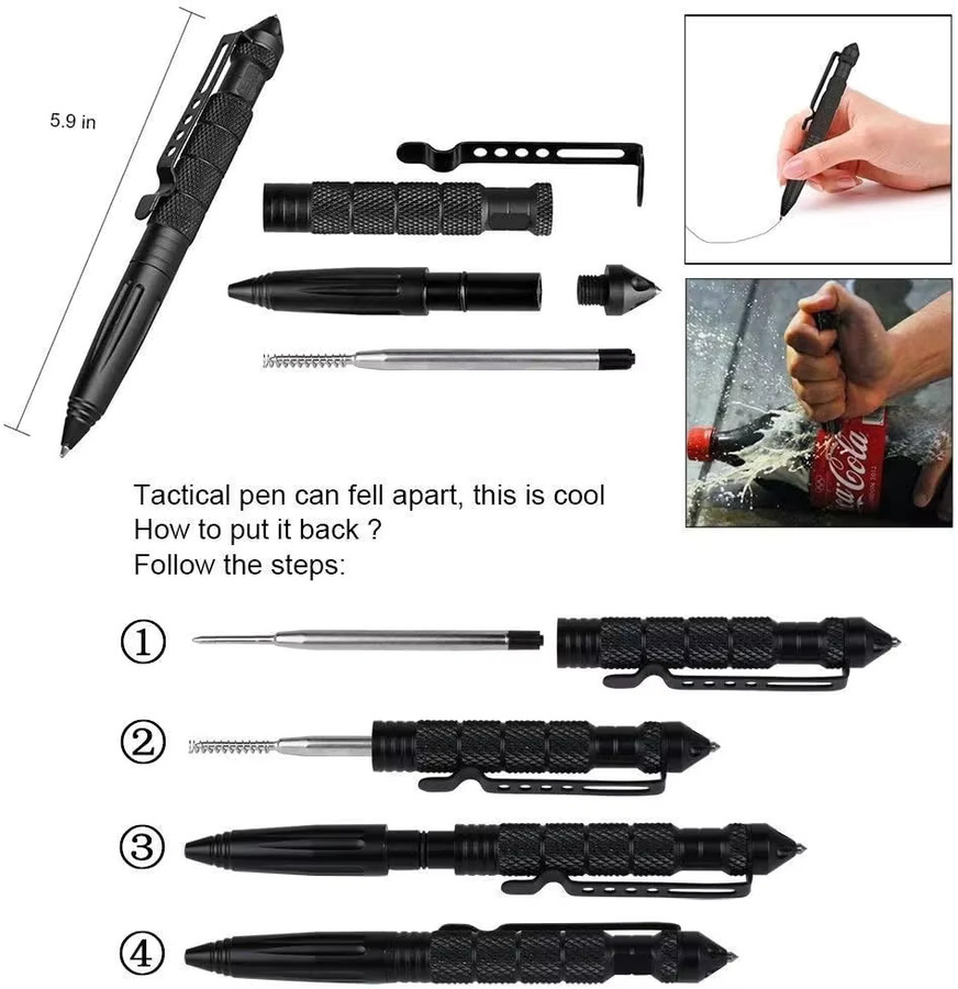Taktischer Stift aus Wolframstahl mit Glasbrecher für professionelle Selbstverteidigung in Schwarz und Grau inklusive Tinten nachfüllbar - Bild 5