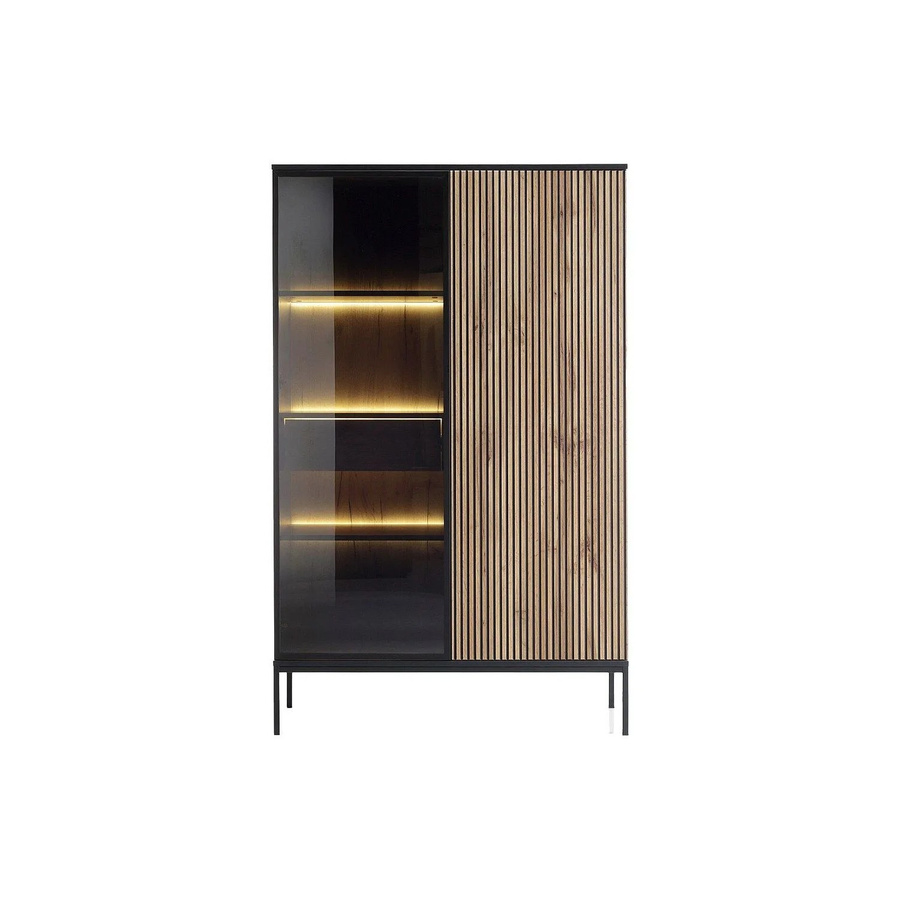 Vitrinenschrank Ovila Vente-unique in Schwarz und Naturfarben Dunkel mit Rauchglas, LED-Beleuchtung und Glastüren, Breite: 103,5 cm - Bild 2