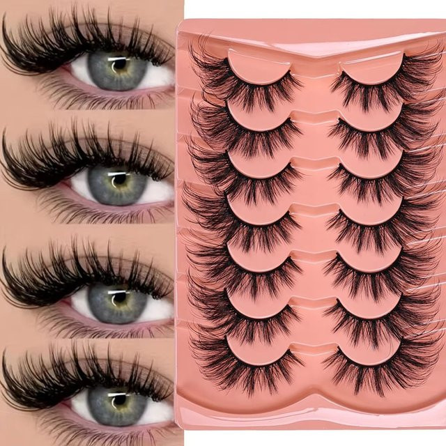 JIEFUXIN Künstliche Wimpern 5D Wispy Cat Eye, 7 Paar, Natürlich - Bild 1