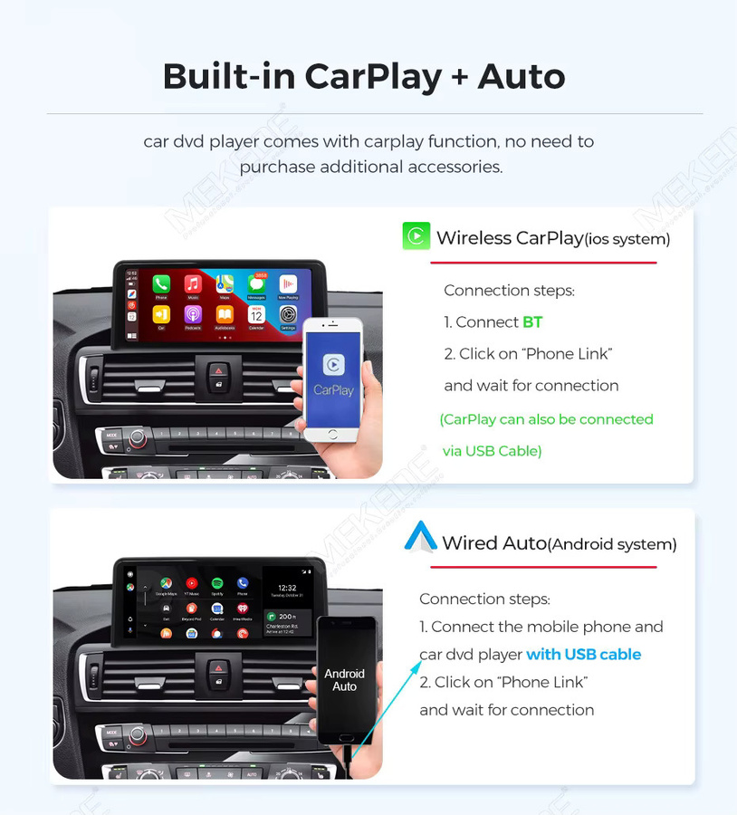 MEKEDE 10,25 Zoll Kabelloses CarPlay und Android Auto Multimedia-Display für BMW 3er Serie E90 E91 E92 E93 (2006-2012), Android All-in-One Autoradio mit 8-Kern Prozessor, GPS-Navigation und WIFI, Schwarz - Bild 3