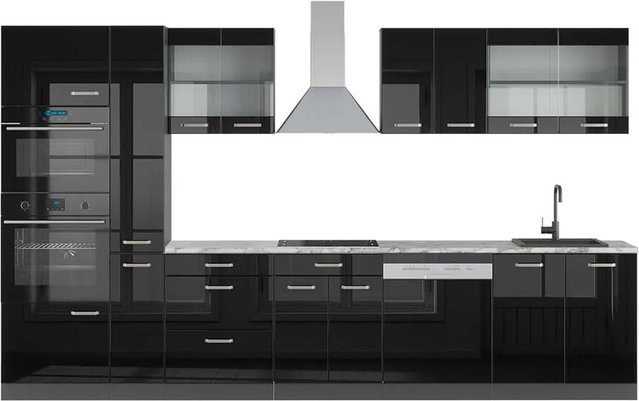 Vicco R-Line Küchenzeile Schwarz Hochglanz mit Hochschrank und Marmor-Optik, Breite: 350 cm - Bild 1