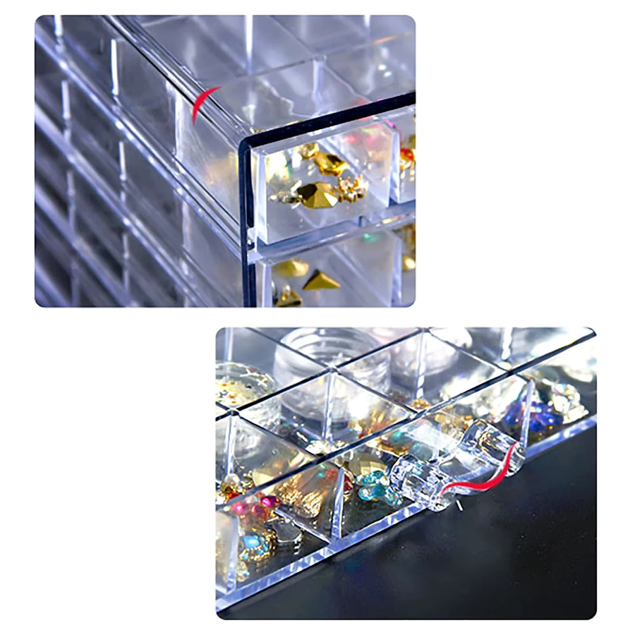 Bymaocar Schmuckbox mit 120 Fächern und 5 Schubladen, transparenter Organizer aus Kunststoff für Nagelkunst, Perlen und Strass - Bild 3