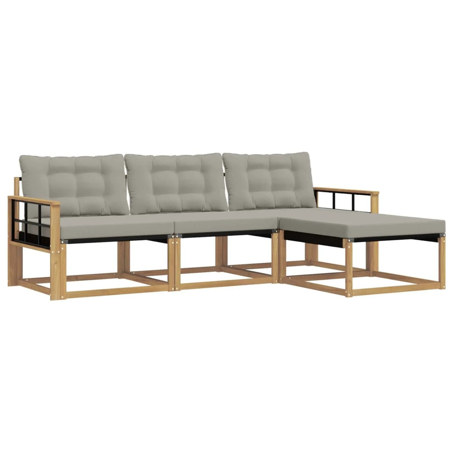 vidaXL Outdoor-Sofagarnitur L-Form aus Akazienholz mit Polstern und Ottoman in Weiß und Grau - Bild 2