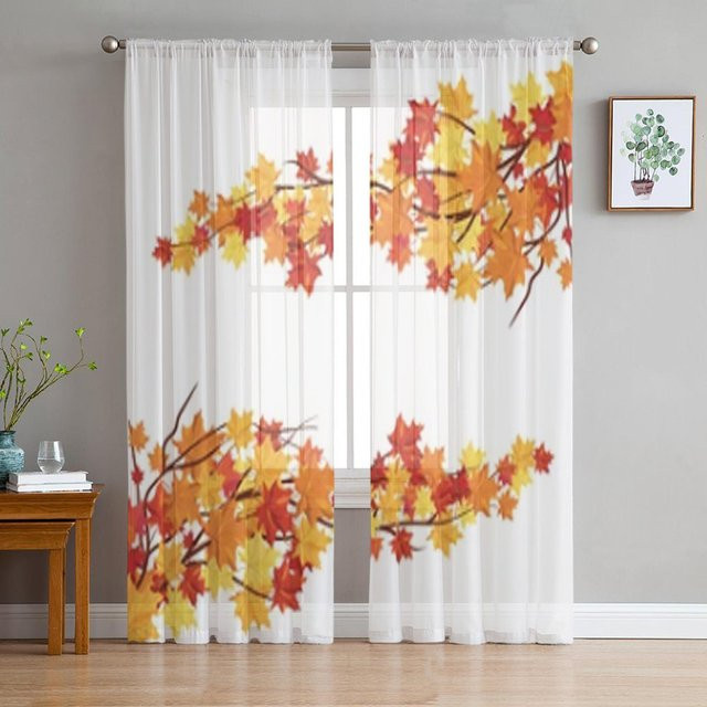 Transparentes Voile-Tüll Vorhang mit Herbst-Ahorn-Blättern von A Family Of Home Textiles, Weiß, B: 135 cm, H: 183 cm - Bild 1