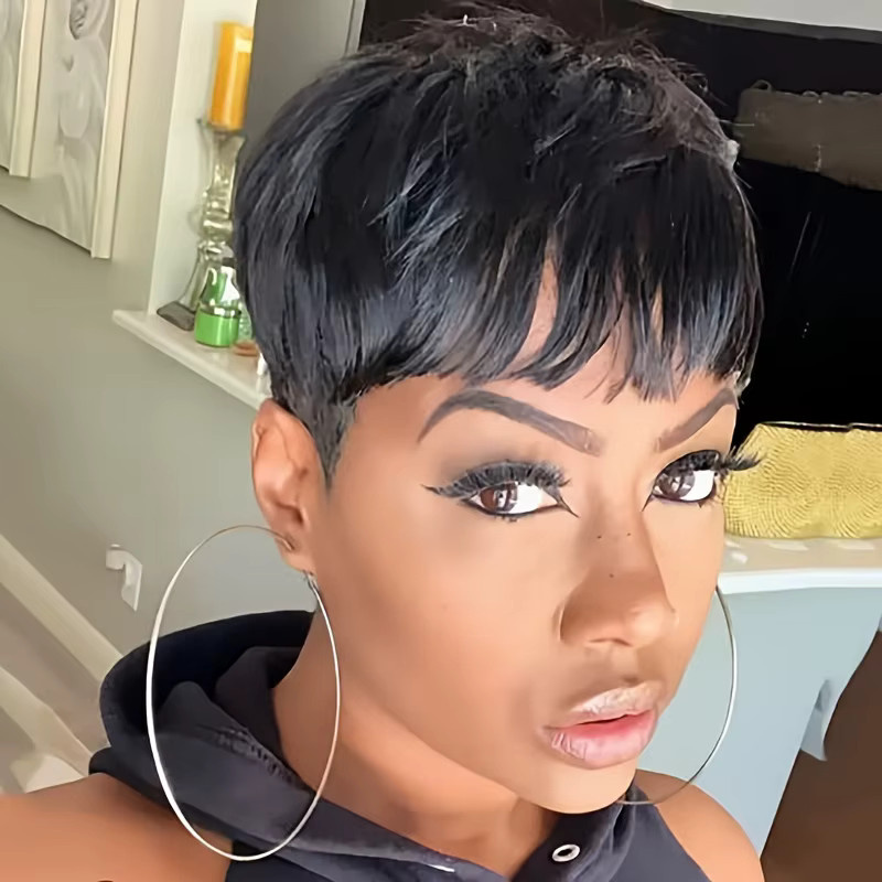 OYM HAIR Pixie-Perücke mit Pony, Echthaar, Schwarz, Damen - Bild 3