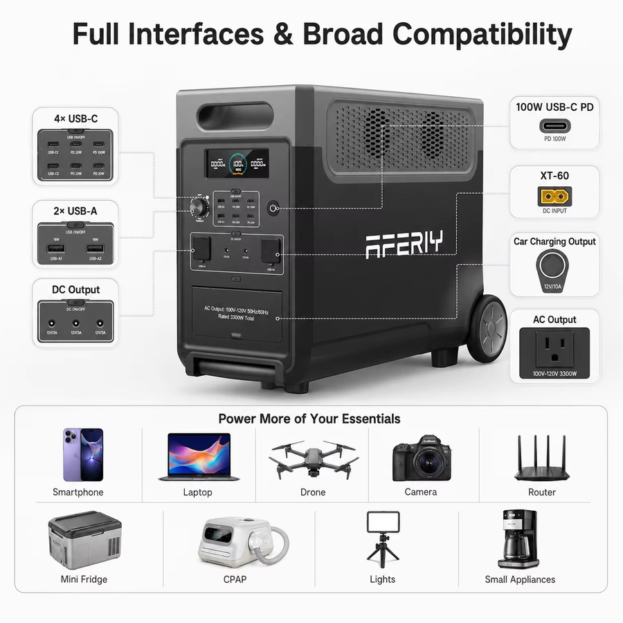 AFERIY AF-P310 Tragbare Powerstation 3600W Solargenerator mit 3840Wh LiFePO4-Akku in Schwarz für Zuhause und Outdoor-Camping - Bild 3