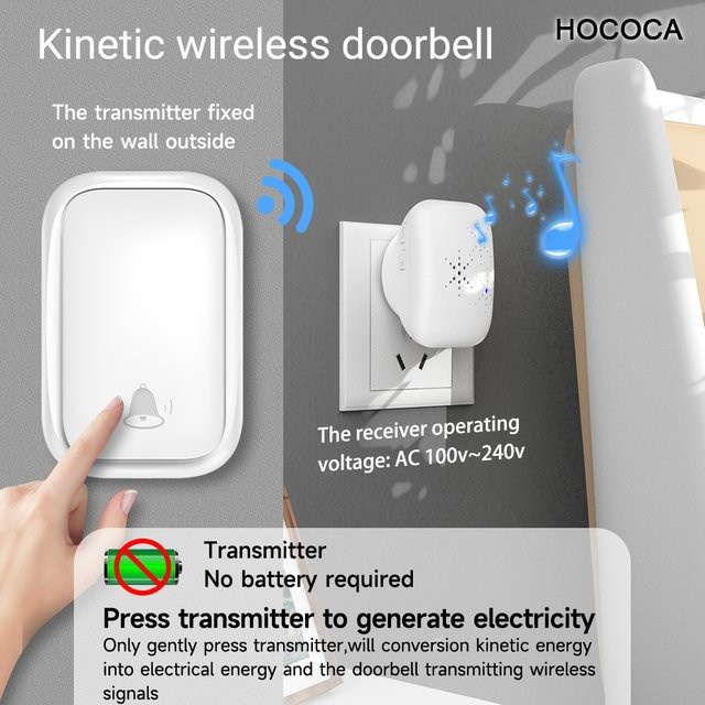 Hococa Kinetische Drahtlose Türklingel RF433, Wasserdichtes Heimrufgerät ohne Batterie, Weiß/Gold - Bild 1