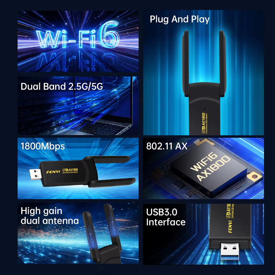FENVI AX1800 WiFi 6 USB-Adapter Dual Band 2,4 GHz/5 GHz Wireless WiFi Receiver USB 3.0 Dongle Netzwerk Wi-Fi Karte für Laptop in Schwarz - Bild 2