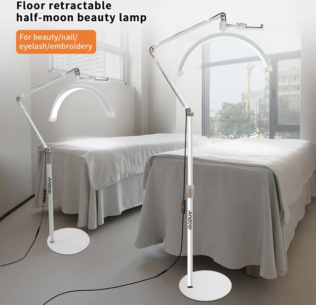 YOUTHINK 20W LED-Bodenleuchte in Weiß mit halbmondförmigem Design, dimmbar und verstellbar mit Metall-Lichtstativ und Telefonhalterung - Bild 1