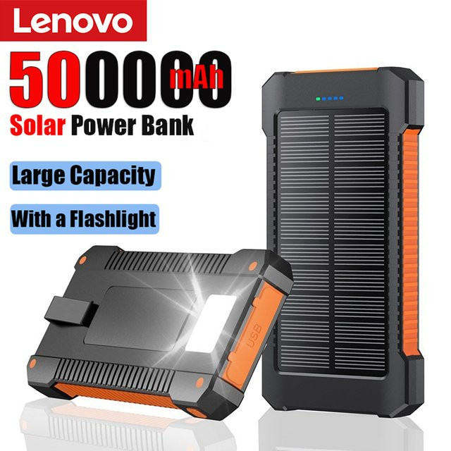 Lenovo Solar Power Bank mit 500000 mAh Ultra Kapazität, tragbare externe Batterie mit schneller Aufladung und Taschenlampe in Blau oder Schwarz - Bild 1