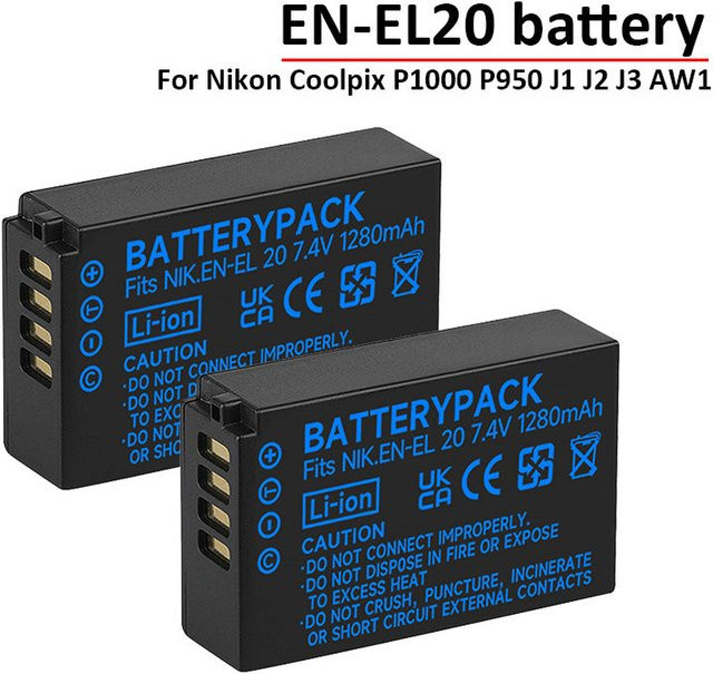 Nikon EN-EL20 EN-EL20a Ersatzakku in Schwarz für Coolpix P1000, P950, 1 J1, 1 J2, 1 J3, AW1 und DL24-500 Kameras - Bild 1