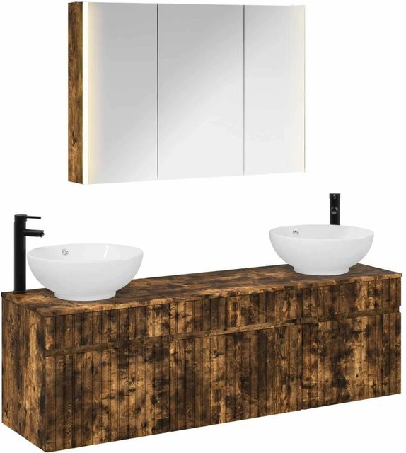 vidaXL Badezimmerschrank-Set 4-teilig aus Eiche in Braun mit LED-Beleuchtung und Spiegelschrank - Bild 1