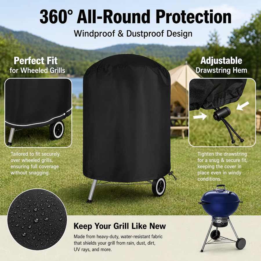Wasserdichte und robuste Abdeckung für runde Holzkohlegrills und Smoker in Schwarz, passend für Char-Broil und andere Marken - Bild 3